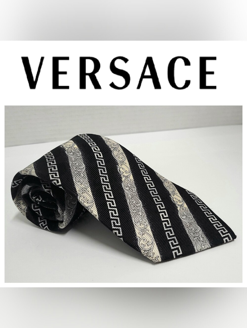 Versace Vintage Greek Key & Scroll Print Black & Gray Silk Twill Necktie Y2K
